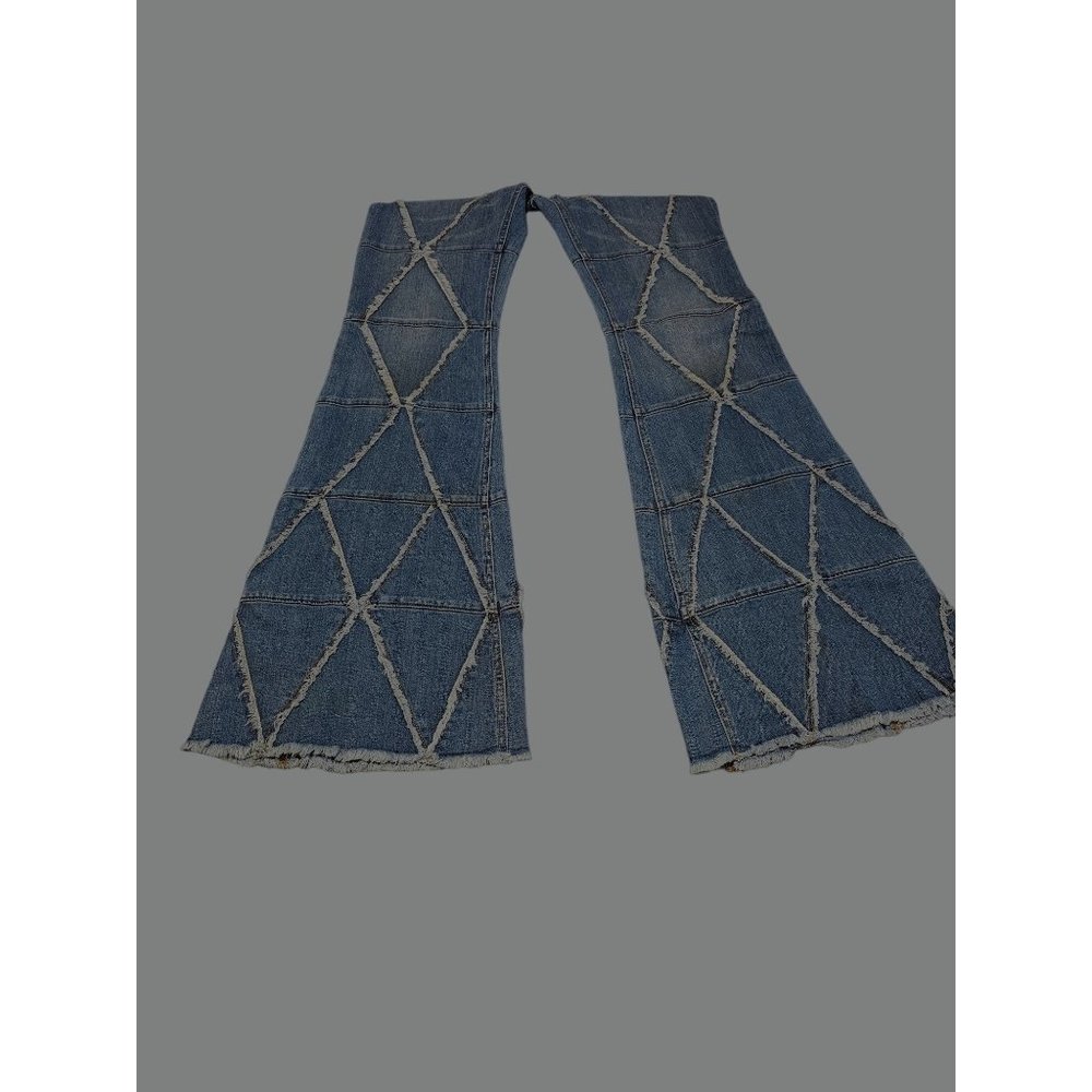 Super Rare Free People Tyler Pieced Denim Fray 13" Wide Flare Jeans Size 30 EUC - Picture 4 of 14